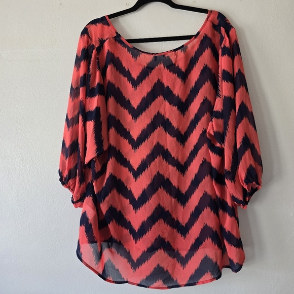 Orange Navy Blue Loose Fit Sheer Blouse Shortsleeve Puffy Sleeve Top Size 3X - Picture 10 of 10